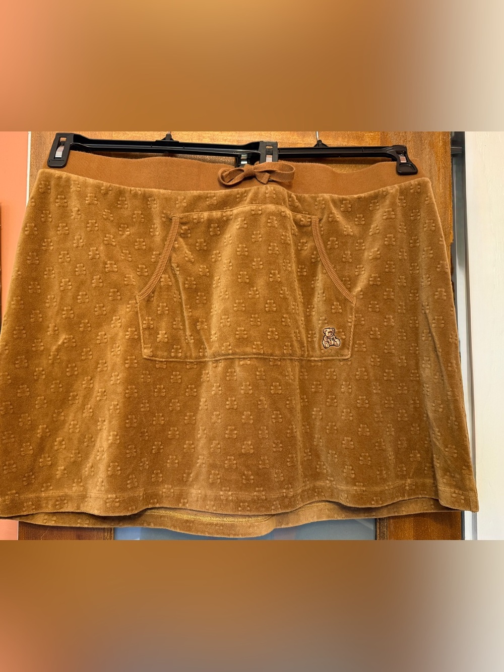 Teddy Fresh Brown Velour Embossed Bear Pattern Drawstring Pouch Pocket Skirt 3XL